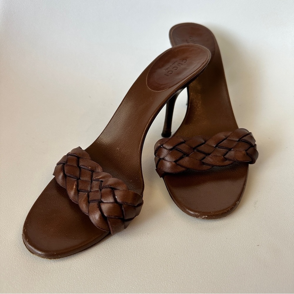 Gucci Brown Leather Braided Open Toe Heels - Size 7.5